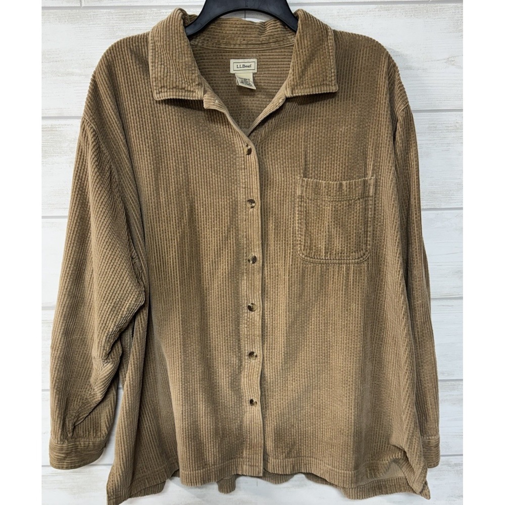 L.L.Bean Corduroy Button Up Shirt Womens XXL Tan Pocket Shacket Country